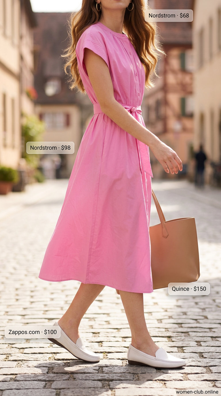 Summer Outfits for Pear Shape Women 2026: Blush pink midi shirt dress, loafers, tote for casual work.