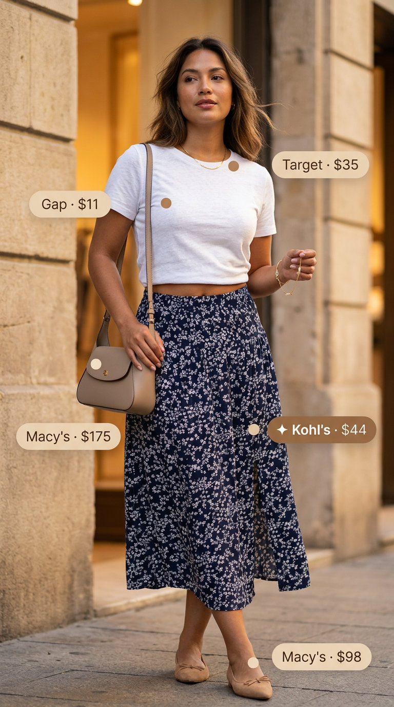 Navy floral midi skirt and white tee for pear shape women, with tan ballet flats. Chic summer outfits 2026.