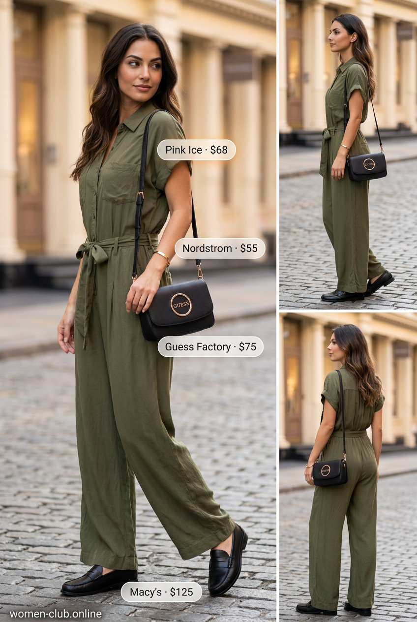 Summer Outfits for Pear Shape Women 2026: Olive green utility jumpsuit, black loafers, gold cuff for weekend brunch.