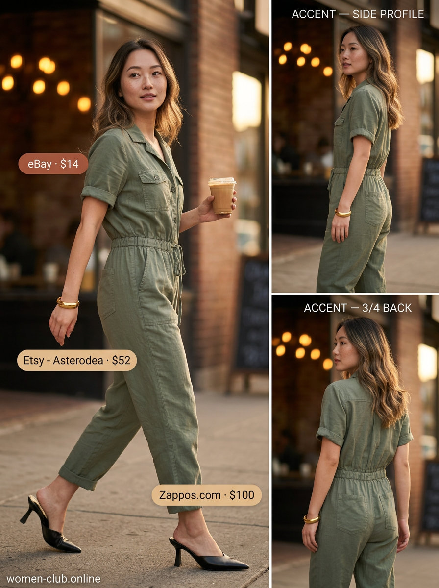 Olive green utility jumpsuit for pear shape women, paired with black heeled mules and gold cuff. Ideal for summer outfits 2026.