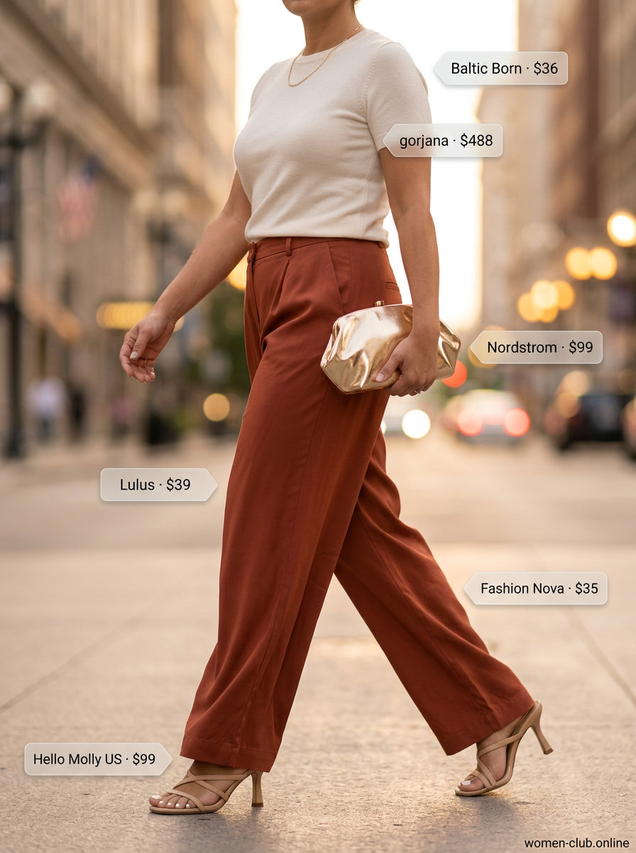 Summer Outfits for Pear Shape Women 2026: Rust wide-leg pants, cream top, gold accessories for an elegant dinner date.