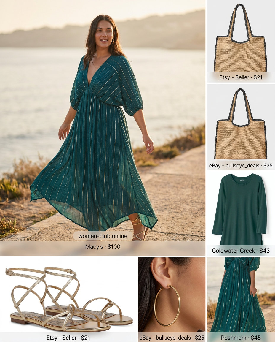 Summer Outfits for Pear Shape Women 2026: Deep teal maxi caftan dress, gold sandals, straw tote for resort wear.