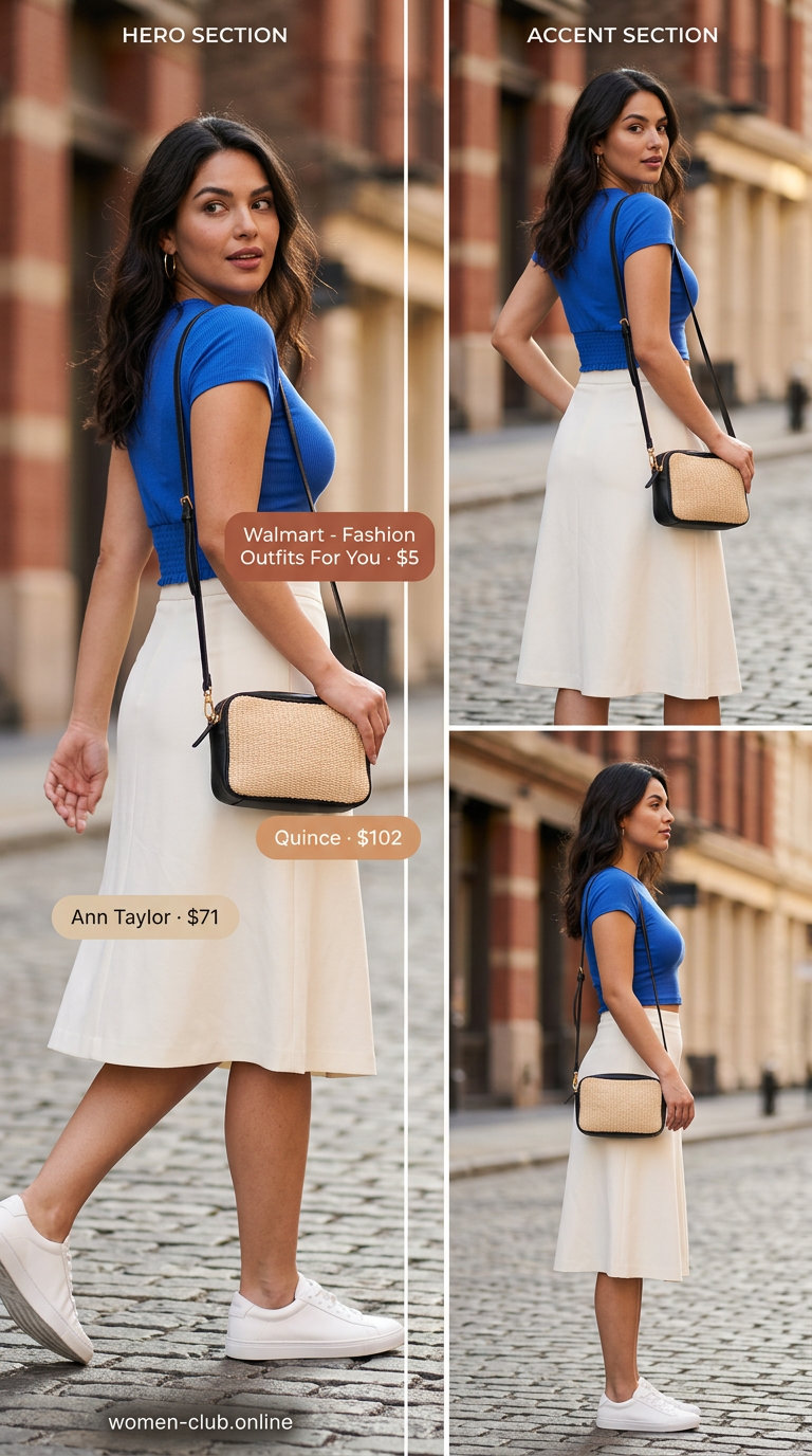Summer Outfits for Pear Shape Women 2026: White A-line midi skirt, denim crop top, sneakers for a daytime event.