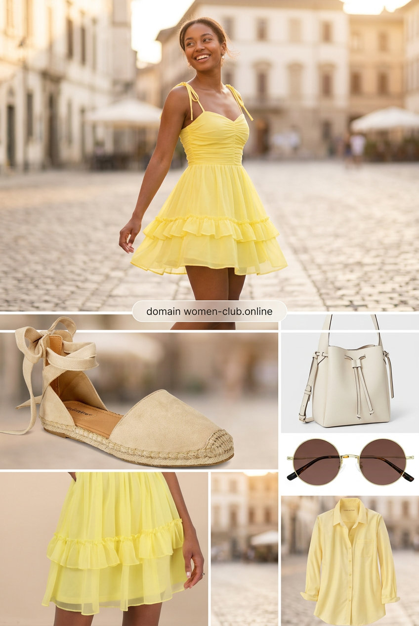 Summer Outfits for Pear Shape Women 2026: Yellow A-line sundress, white bucket bag, tan espadrilles for a casual day out.
