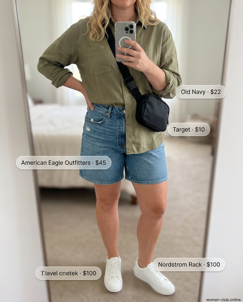 Petite + curvy summer outfit: Denim shorts, oversized olive shirt, white sneakers for city exploration.