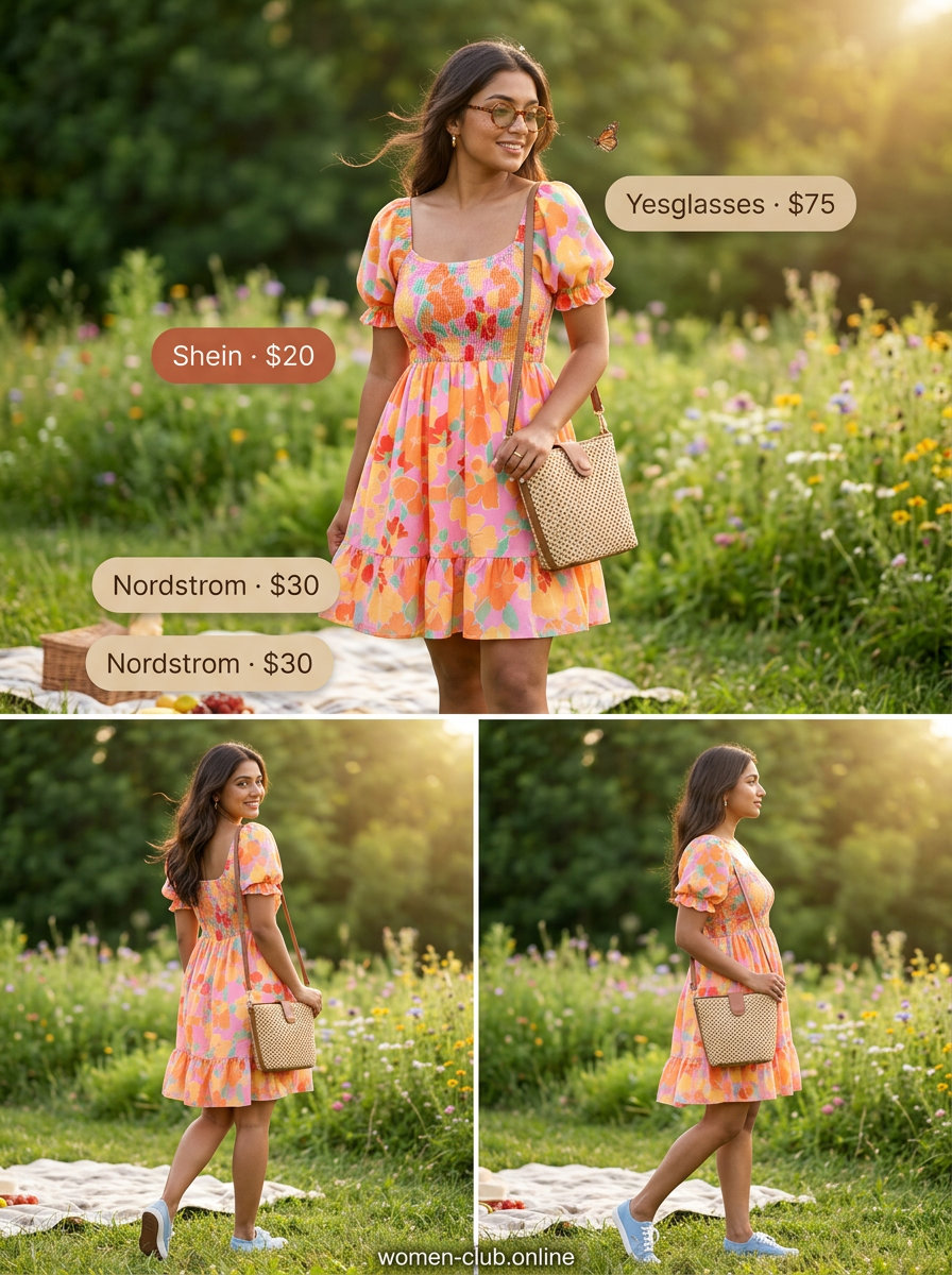 Petite + curvy summer outfit: Floral mini sundress, white sneakers, straw bag for a sunny day.