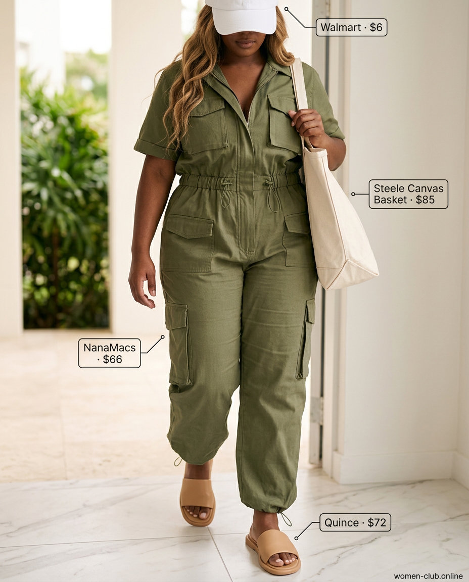 Petite + curvy summer outfit: Olive utility jumpsuit, slide sandals, tote bag for travel.