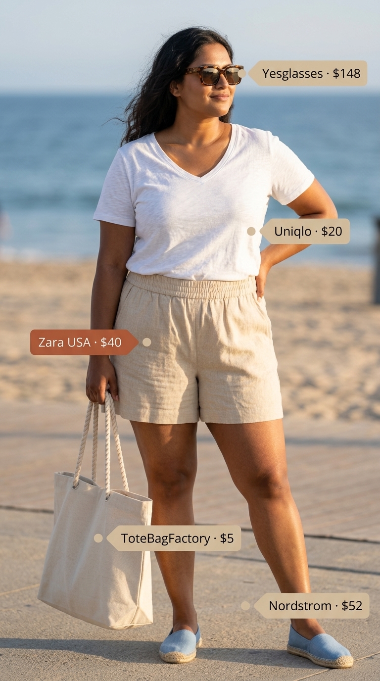 Petite + curvy summer outfit: Linen shorts, relaxed tee, espadrilles for coastal cool.