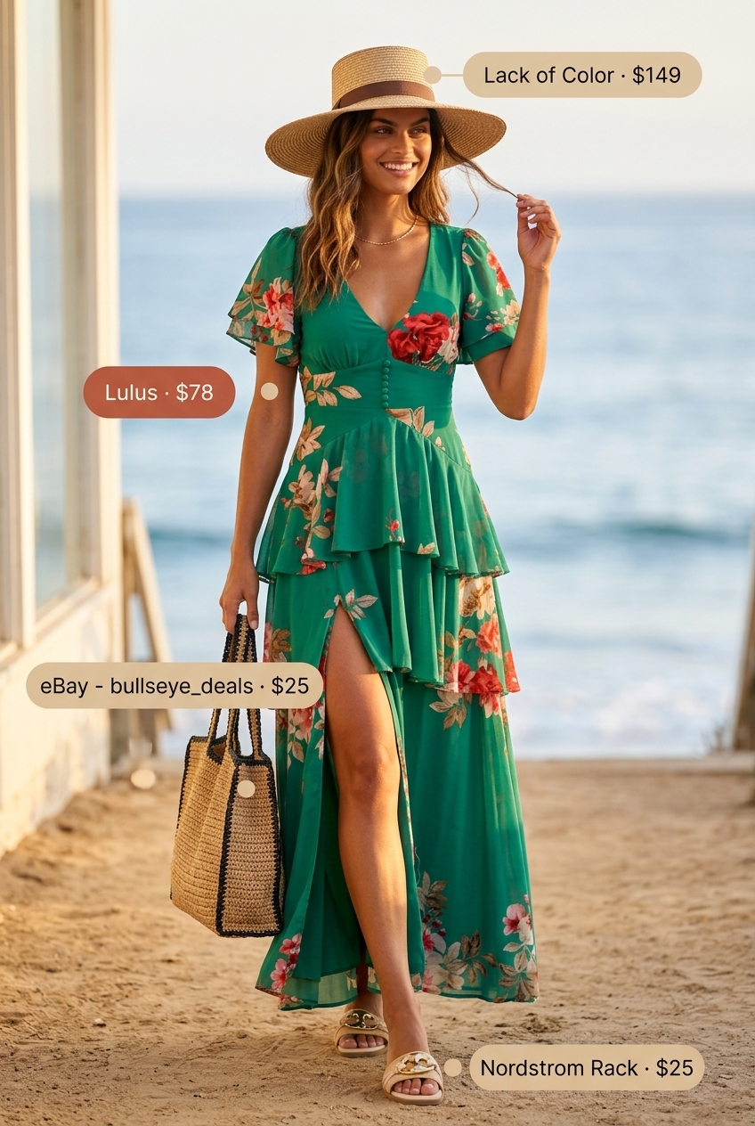 Petite + curvy summer outfit: Coral/teal maxi dress, straw hat, sandals for resort wear.