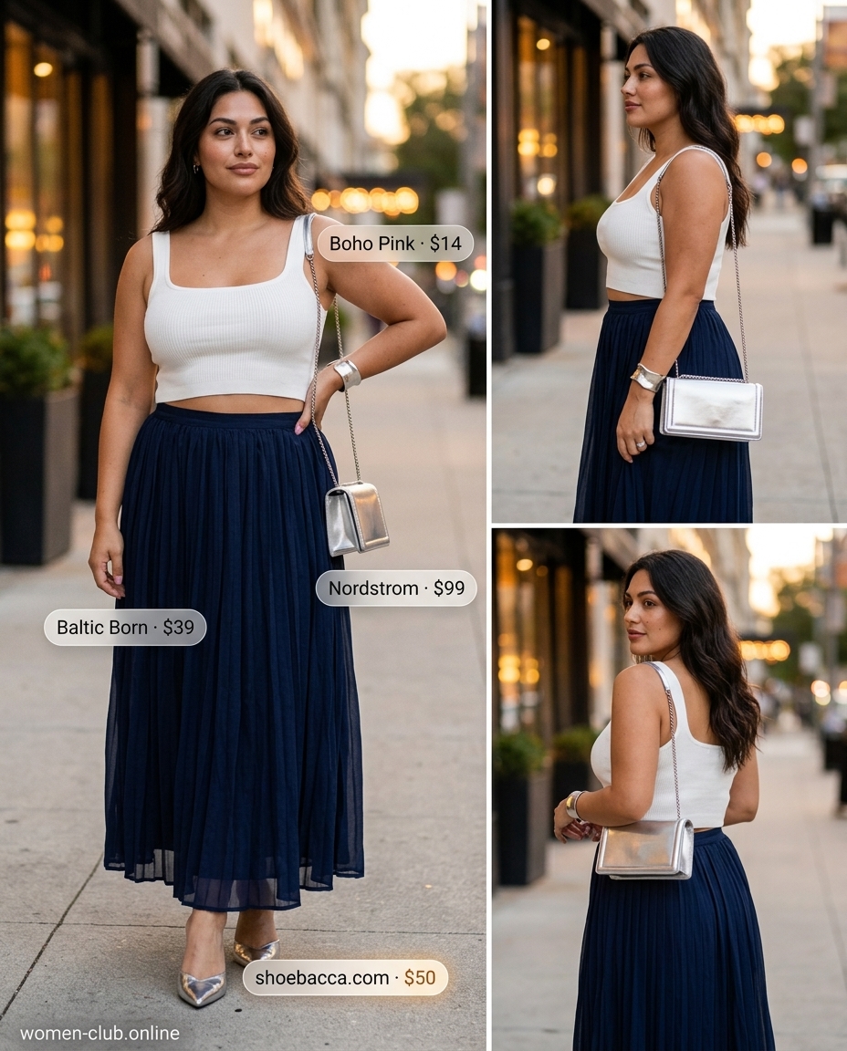 Petite + curvy summer outfit: Navy midi skirt, white crop top, silver heels & bracelet for evening.