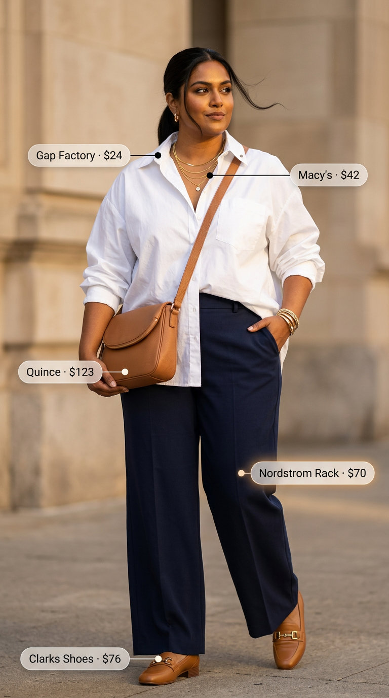 Petite + curvy summer outfit: Navy wide-leg pants, white shirt, loafers for city chic.