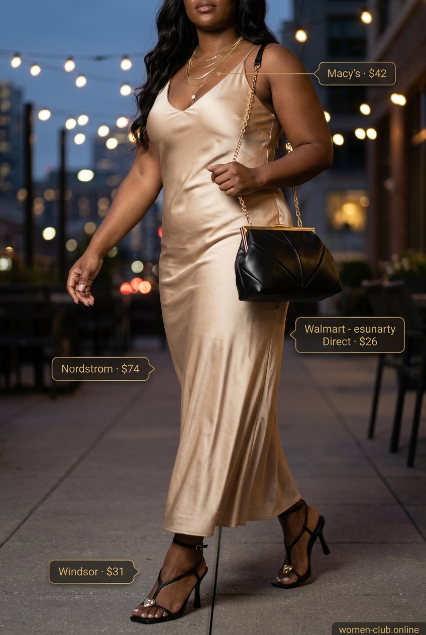 Petite + curvy summer outfit: Champagne slip dress, black heels, gold jewelry for evening.