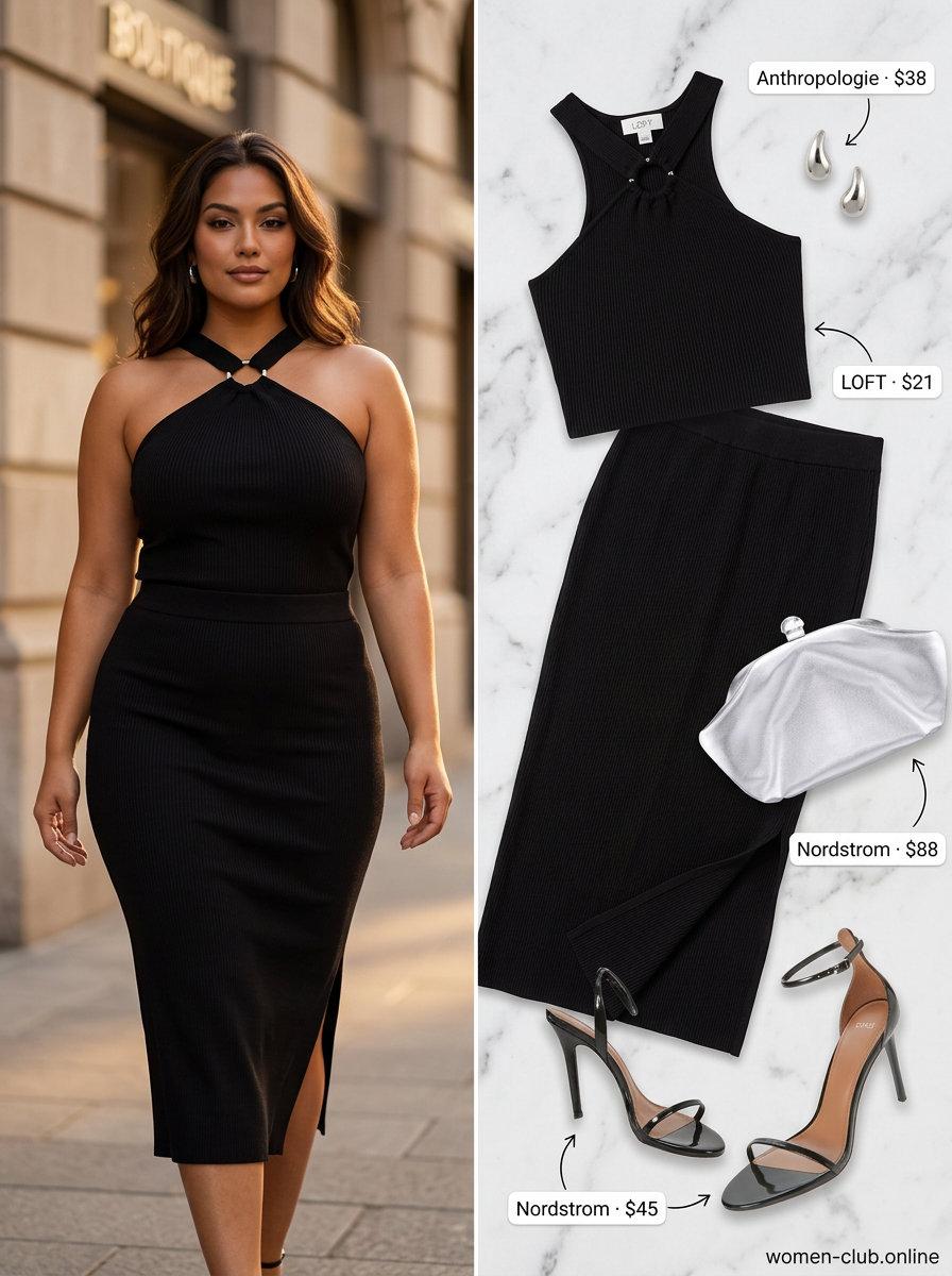 Petite curvy summer outfit: Black knit midi skirt & top set, silver heels, silver clutch, silver earrings. Elegant evening look.