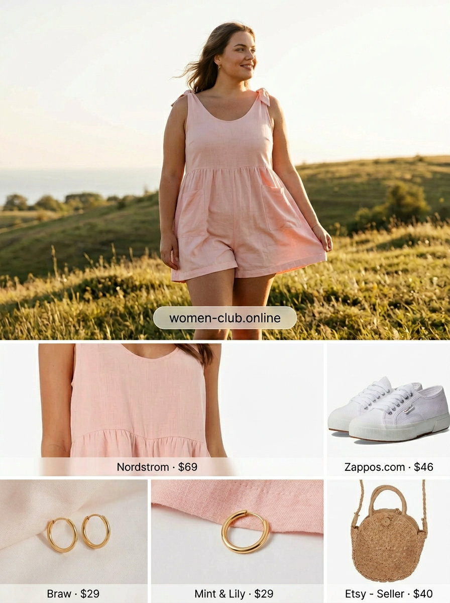 Petite curvy summer outfit: Blush pink linen romper, white sneakers, straw crossbody, gold hoops. Playful casual look.