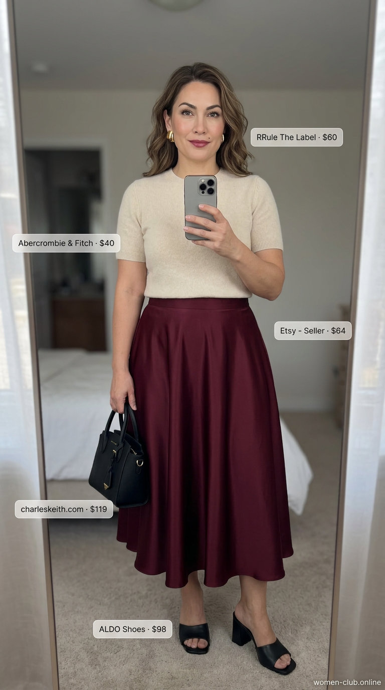 Petite curvy summer outfit: Burgundy midi skirt, cream knit top, black mules, shoulder bag, gold earrings. Smart casual style.