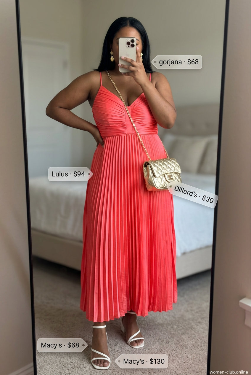 Petite curvy summer outfit: Coral maxi dress, white block heels, gold earrings, gold crossbody. Vibrant & elegant for parties.