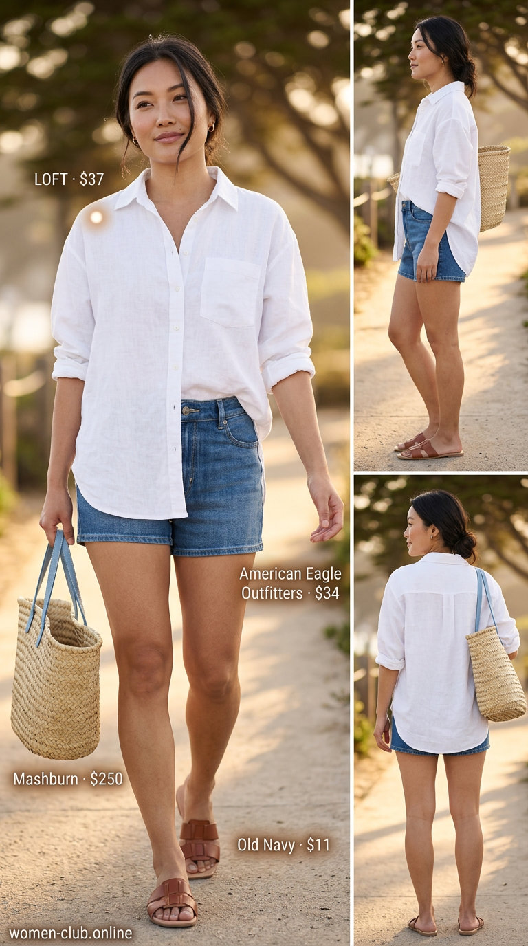 Relaxed denim shorts and linen shirt for petite & curvy women, perfect for beach days 2026.