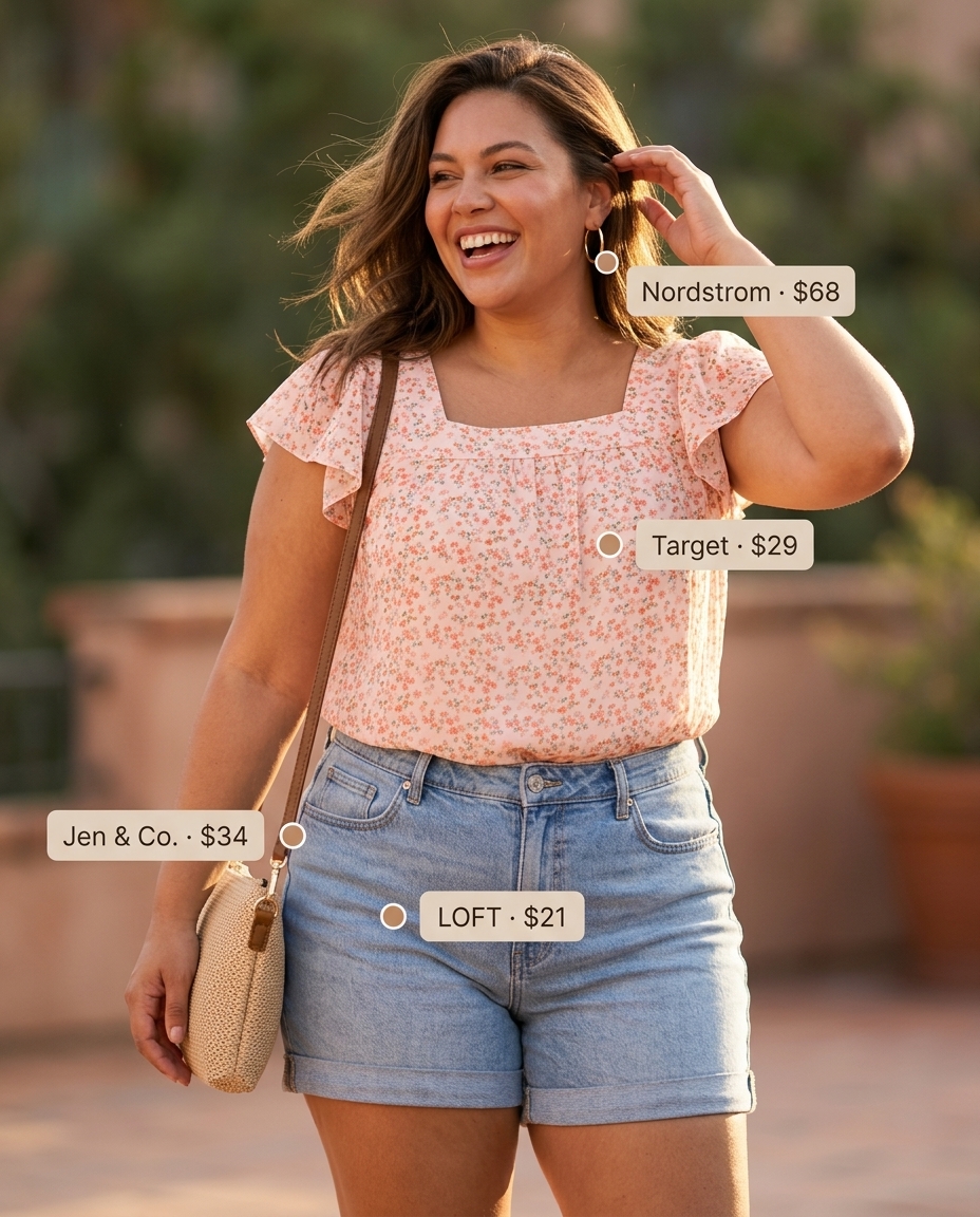 Chic blush pink floral blouse and denim shorts for petite & curvy women, perfect for brunch 2026.