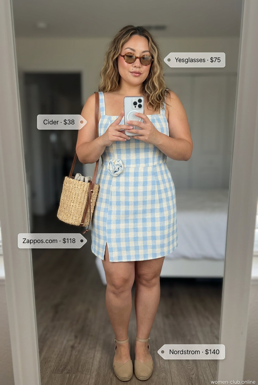 Chic light blue gingham sundress for petite & curvy women, perfect for casual summer days 2026.