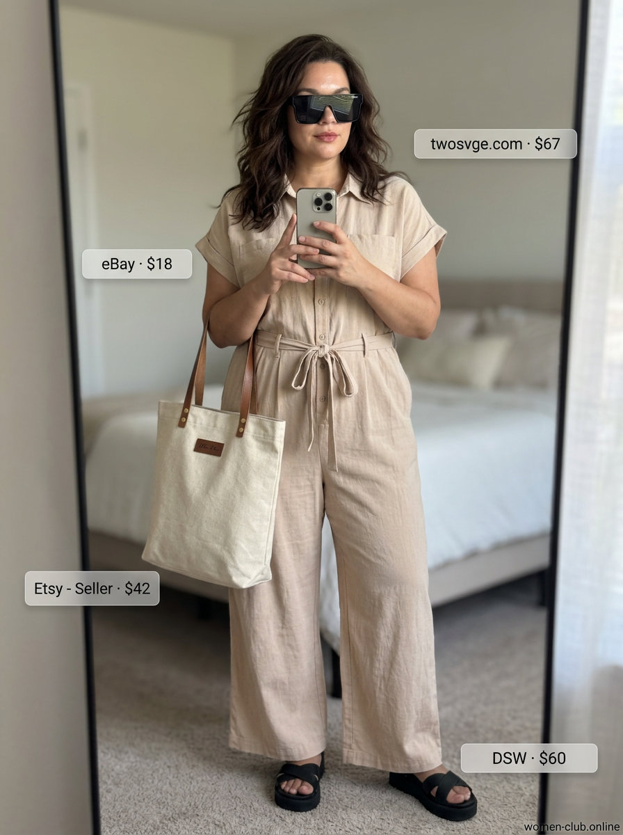 Curvy petite summer outfit: Khaki utility jumpsuit, black sandals, sunglasses, canvas tote. Ideal for errands or casual getaways.