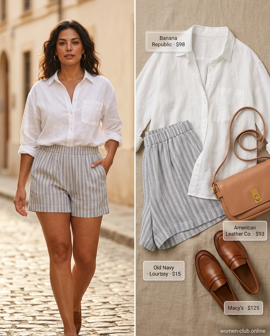 Relaxed white linen shirt and navy shorts for petite & curvy women, great for travel 2026.