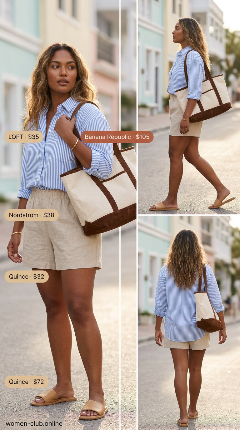 Petite curvy summer outfit: Beige linen shorts, striped oversized shirt, leather slides, tote bag, gold bangle. Relaxed comfort.