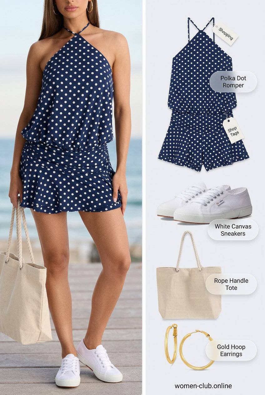 Petite & curvy summer outfit: Navy polka dot romper, white sneakers, gold hoops, canvas tote. Perfect for casual outings.