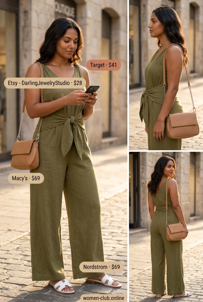 Chic olive green jumpsuit for petite & curvy women, ideal for summer evenings 2026.