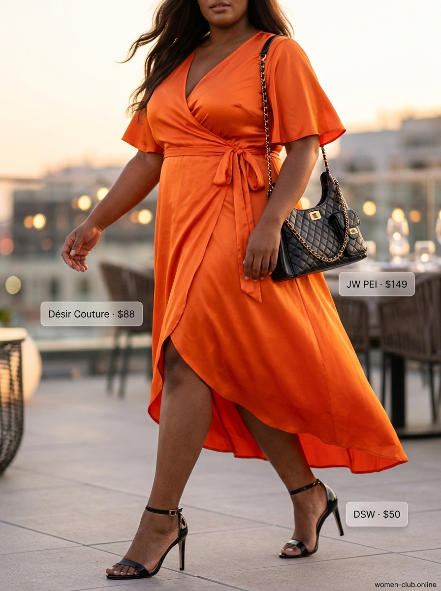 Petite curvy summer outfit: Mango orange midi wrap dress, black heels, gold earrings, mini bag. Perfect for rooftop dinners.