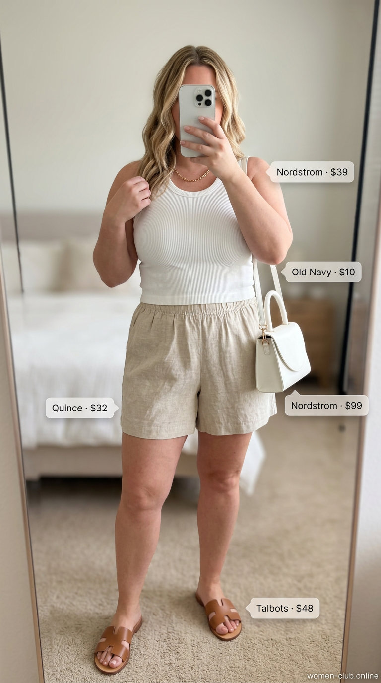 Petite curvy summer outfit: Sand linen shorts & shirt set, white tank, leather slides, mini bag, gold necklace. Effortless chic.