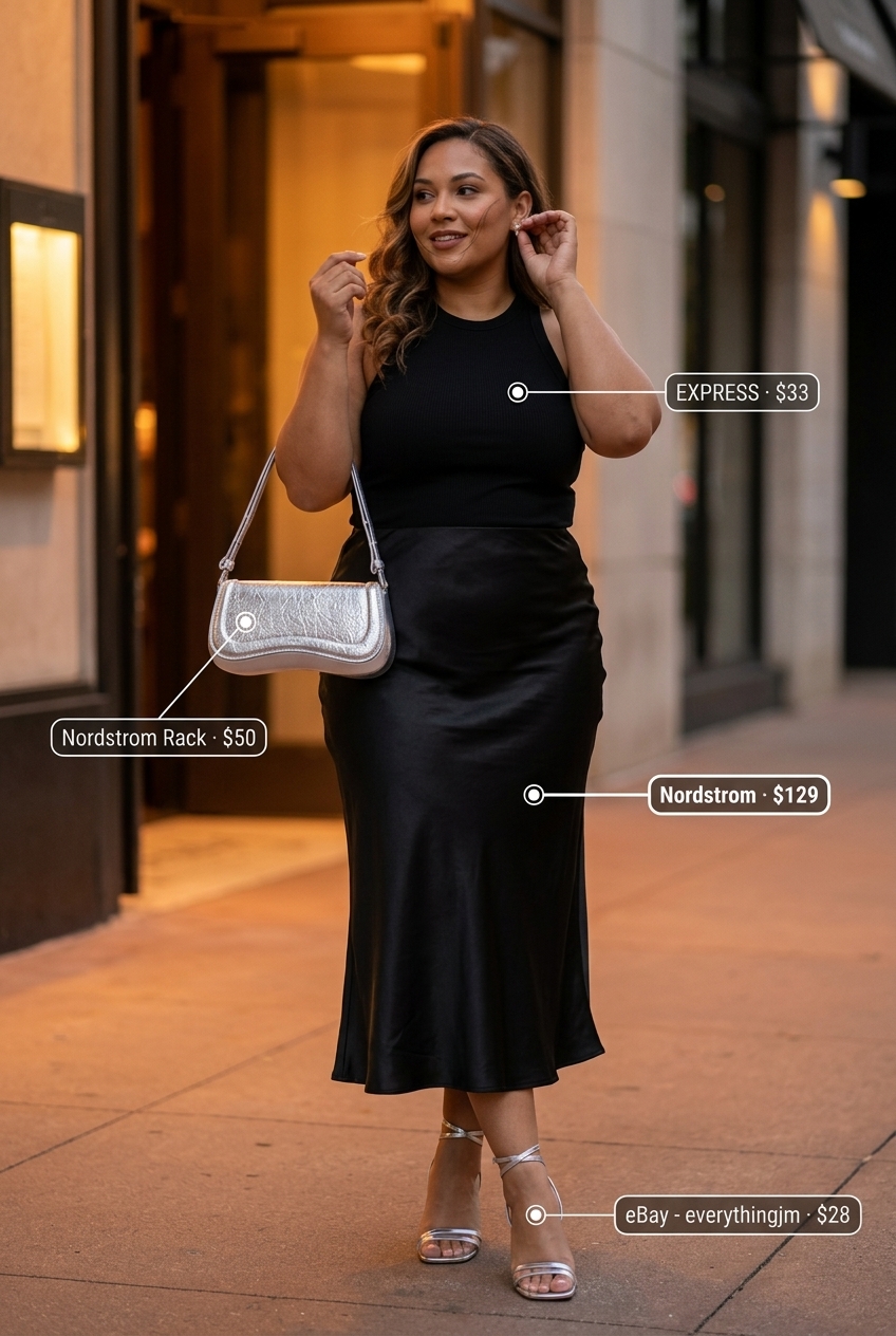 Sophisticated black satin midi skirt outfit for petite & curvy women, ideal for date nights 2026.