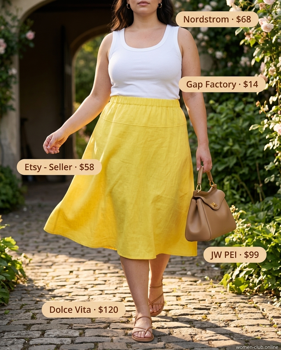 Petite + curvy summer outfit: Yellow mini skirt, white tank, sandals for garden party.