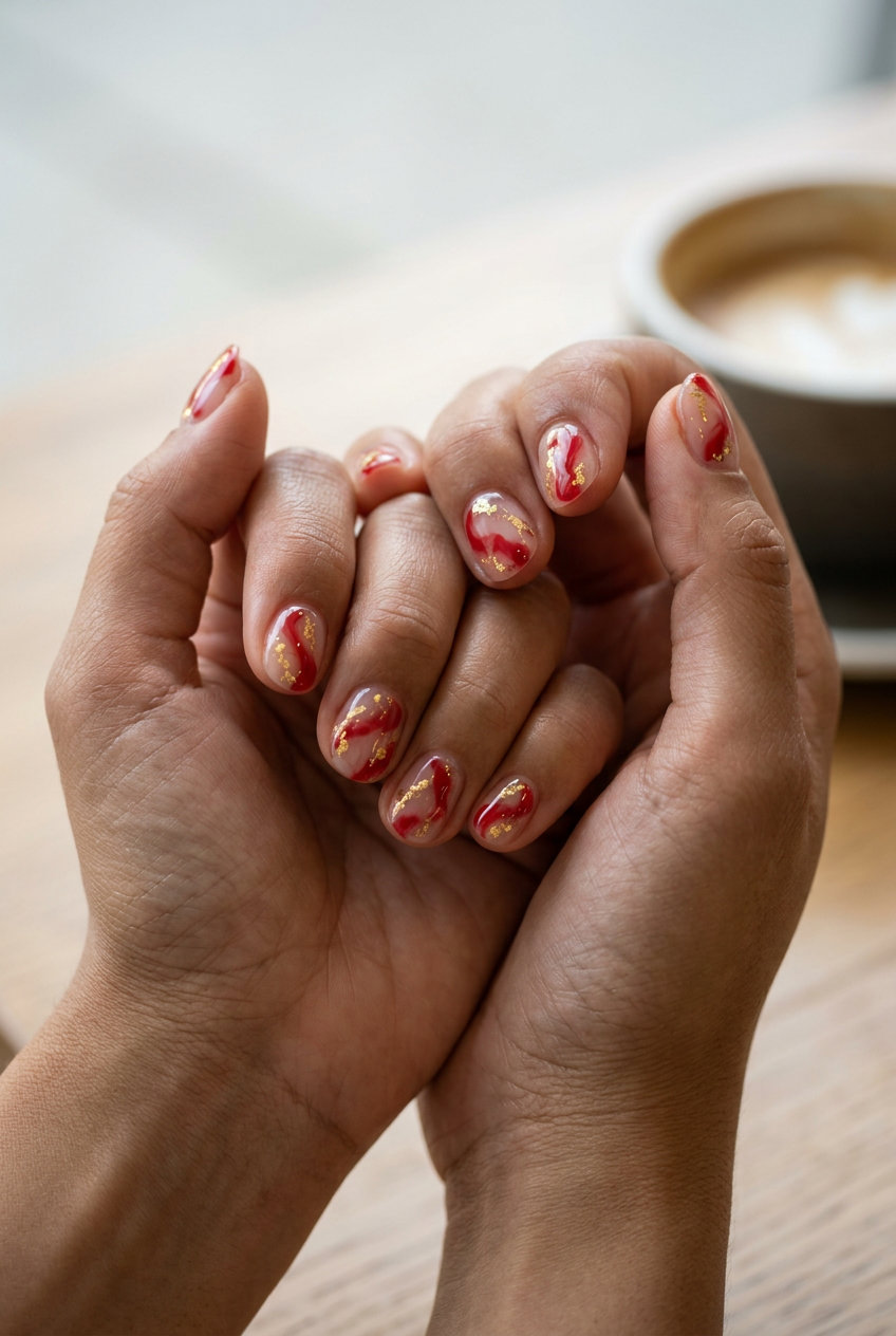 Artistic red swirl glass nails for vacation and festivals. Summer red nails 2026.