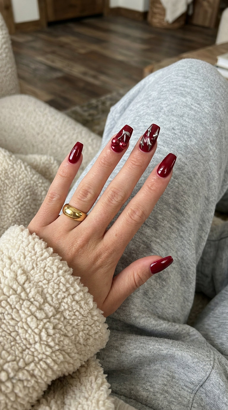 Bold Chrome Cherry Statement Coffin nails for summer 2026 parties and nights out.