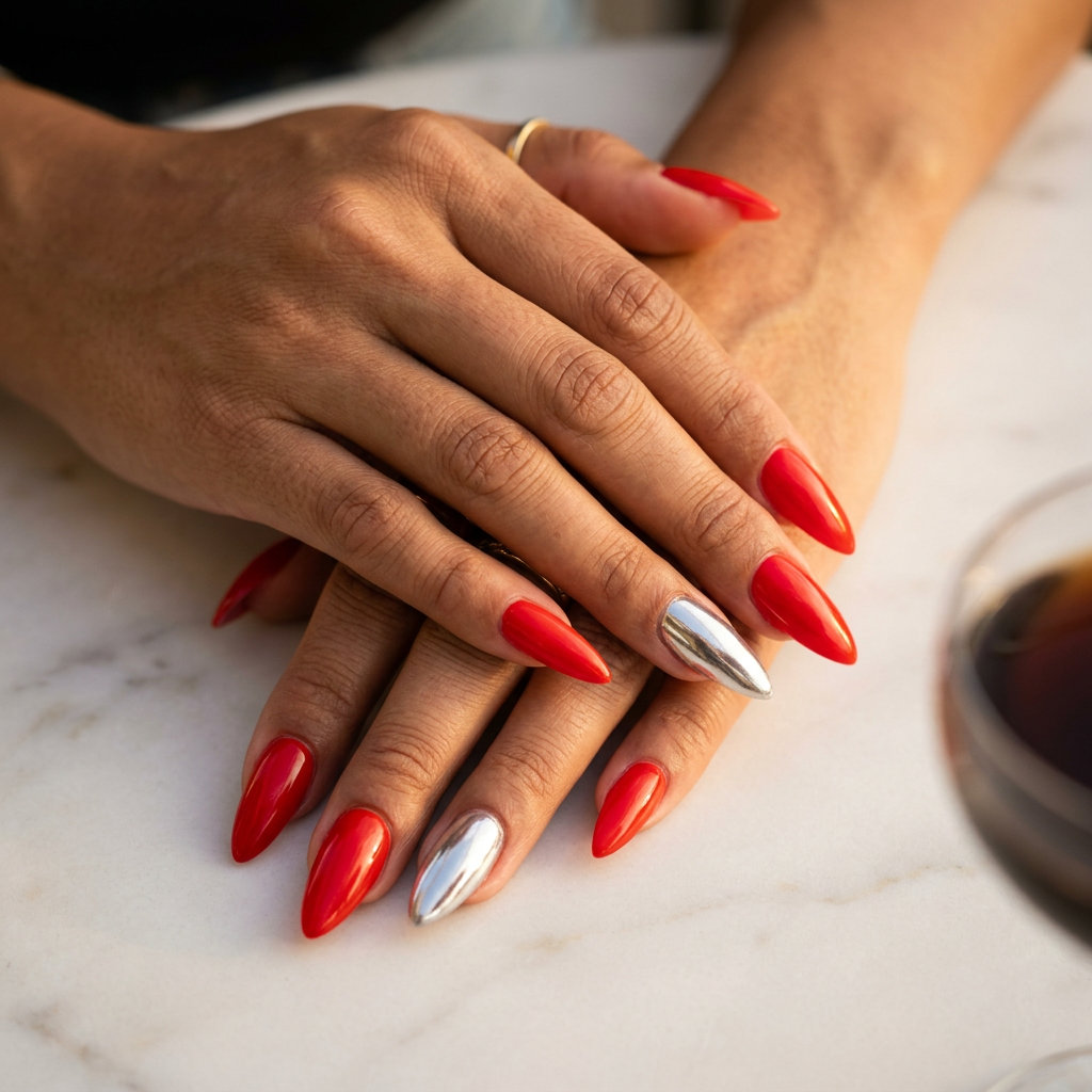 Fiery red chrome accent stiletto nails for parties. Summer red nails 2026.