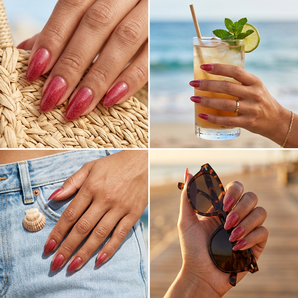 Crimson Glitter Sheer Almond nails for summer 2026 date nights and elegant soirées.