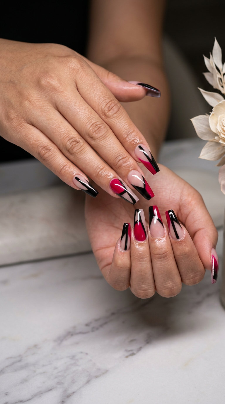 Graphic cherry red negative space coffin nails for festivals. Summer red nails 2026.