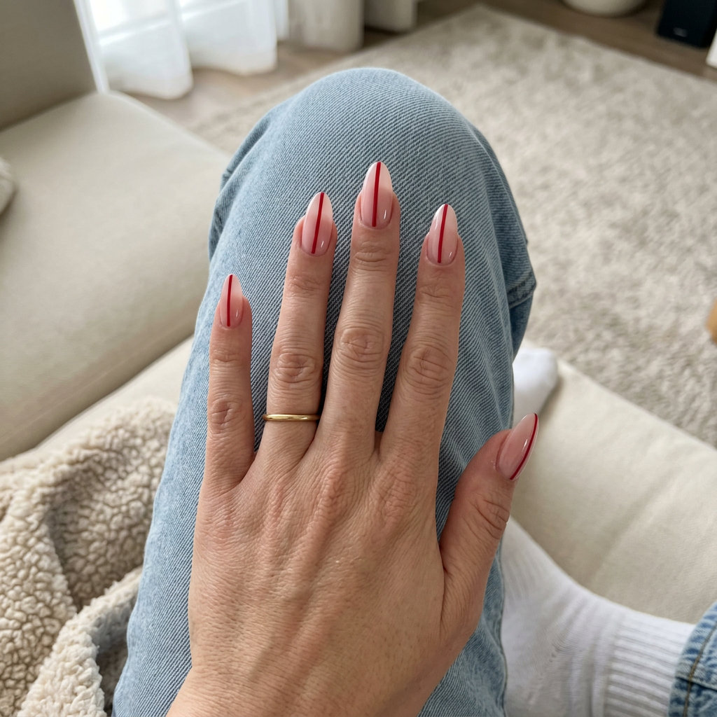 Chic minimalist red line art almond nails for summer red nails 2026, perfect for work or casual daily wear.