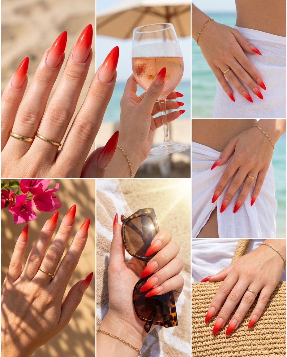 Fiery red ombre stiletto nails for parties. Summer red nails 2026.