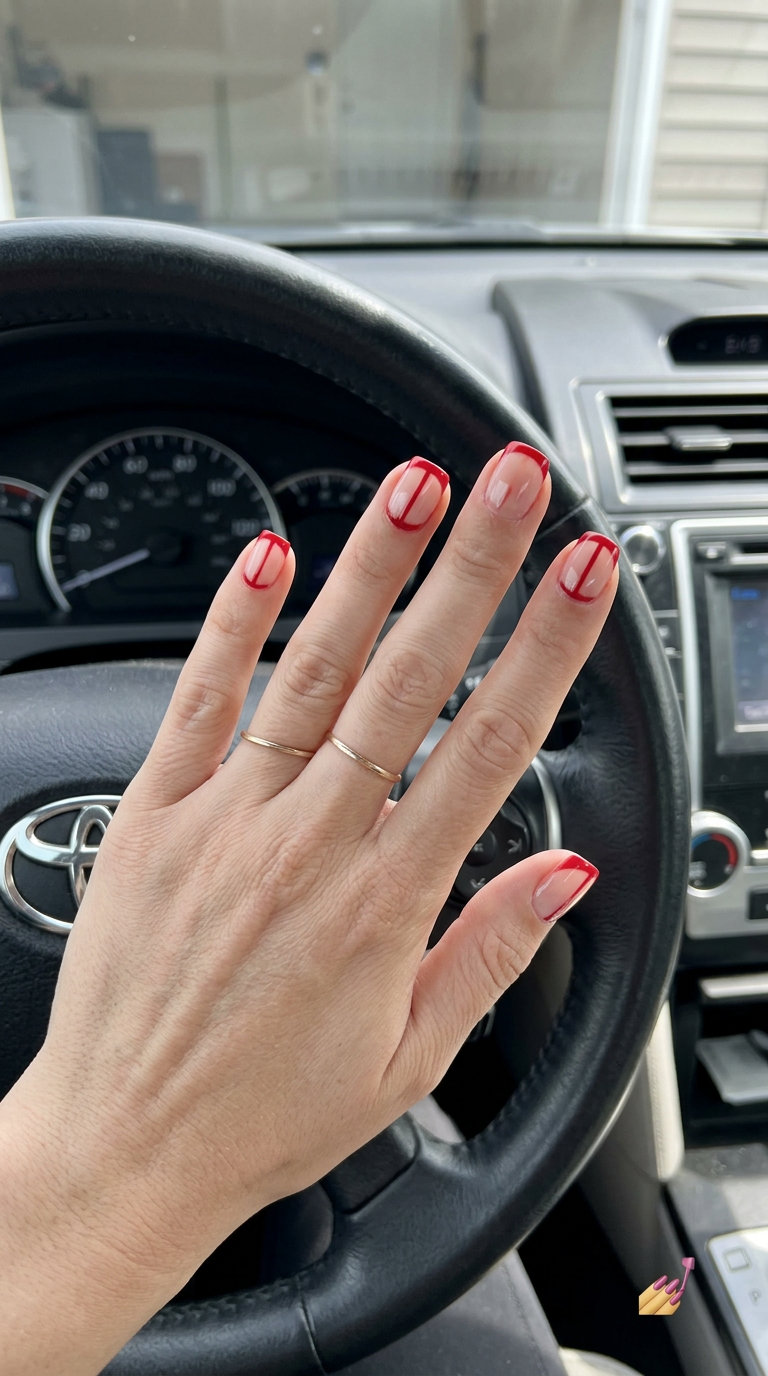 Modern red negative space lines short square nails for summer red nails 2026, chic for daily wear and office.