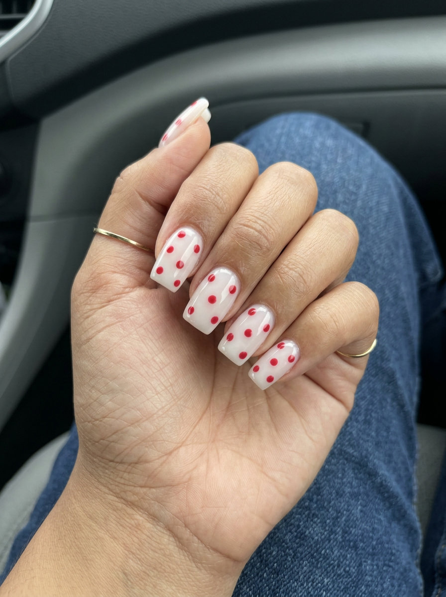 Whimsical strawberry dotty square nails for BBQs. Summer red nails 2026.