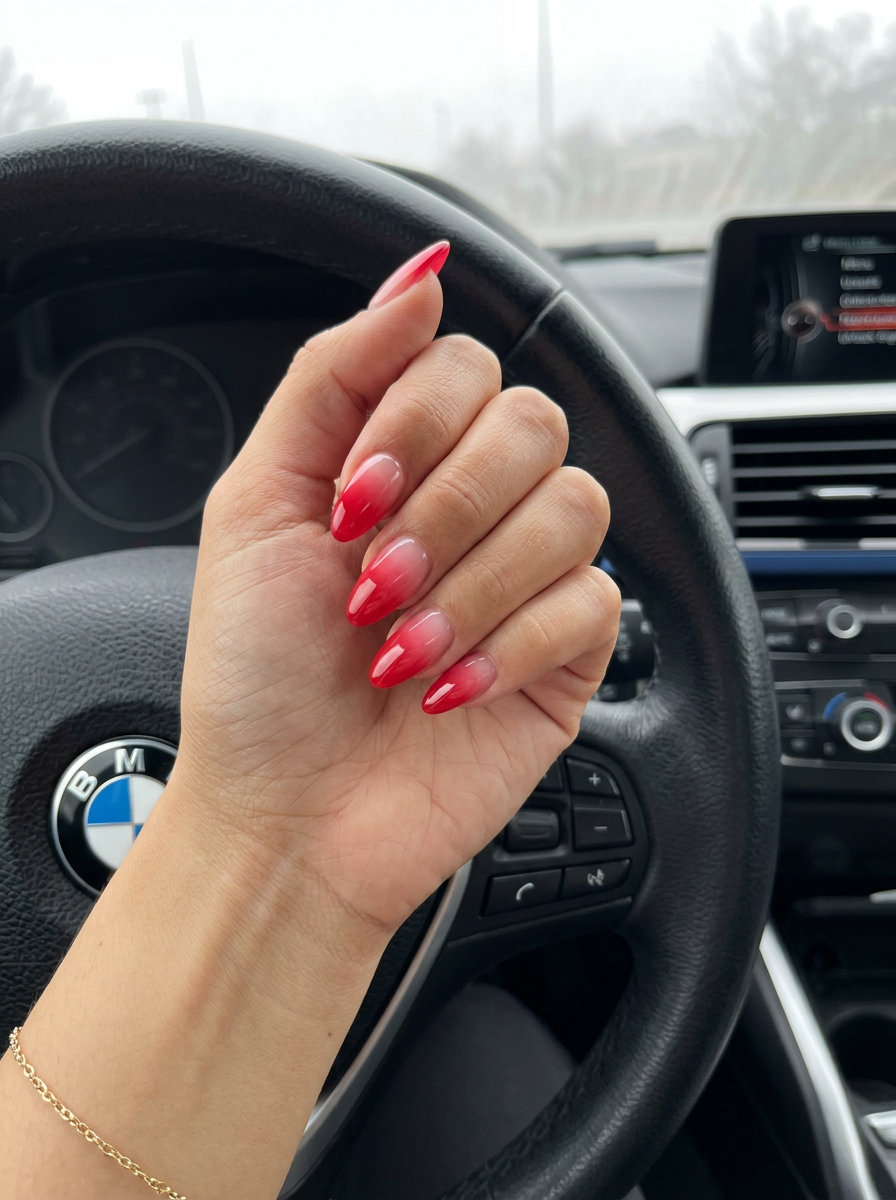 Sunset Cherry Ombre Almond nails for summer 2026 weddings and date nights.