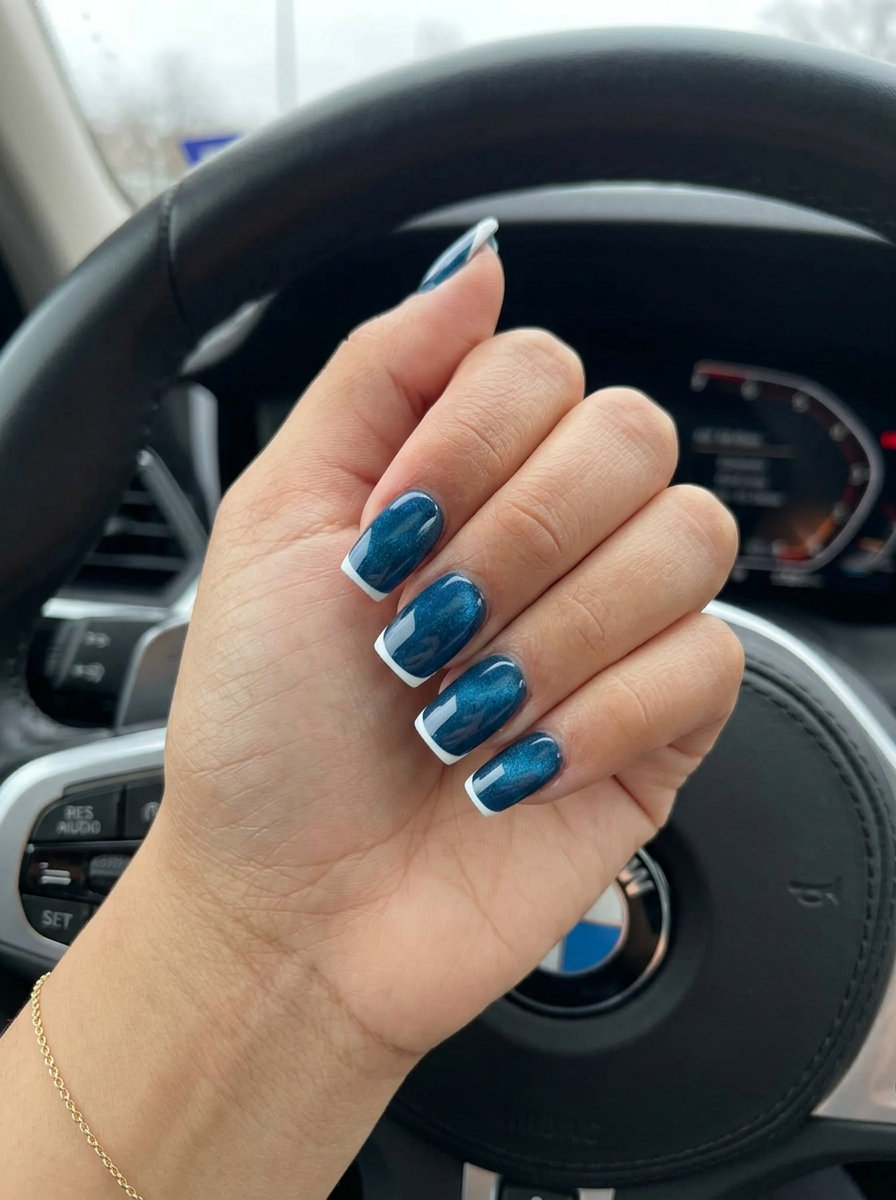 Ocean Blue Cat-Eye French Nails 2026: Chic & Aquatic Ocean blue cat-eye French square nails for sophisticated seaside events. Summer vibes nails 2026.