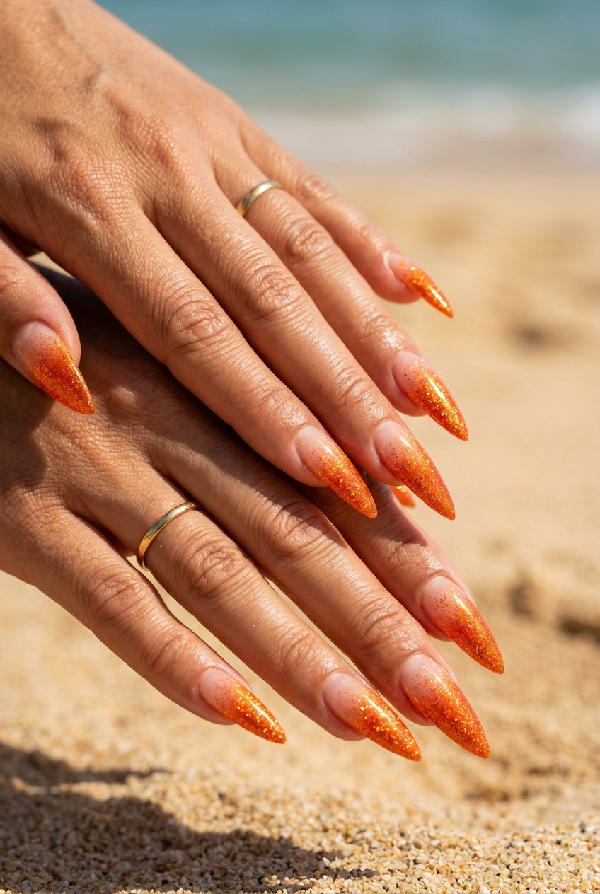 Orange Glitter Stiletto Nails 2026 | Glamorous Party Sunburst orange glitter gradient stilettos for summer vibes nails 2026. Glamorous party, festival look.