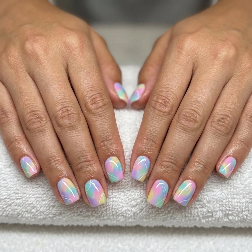 Pastel Rainbow Cloud Nails | Summer Vibes Nails 2026 Whimsical pastel rainbow abstract cloud square nails for summer vibes nails 2026.