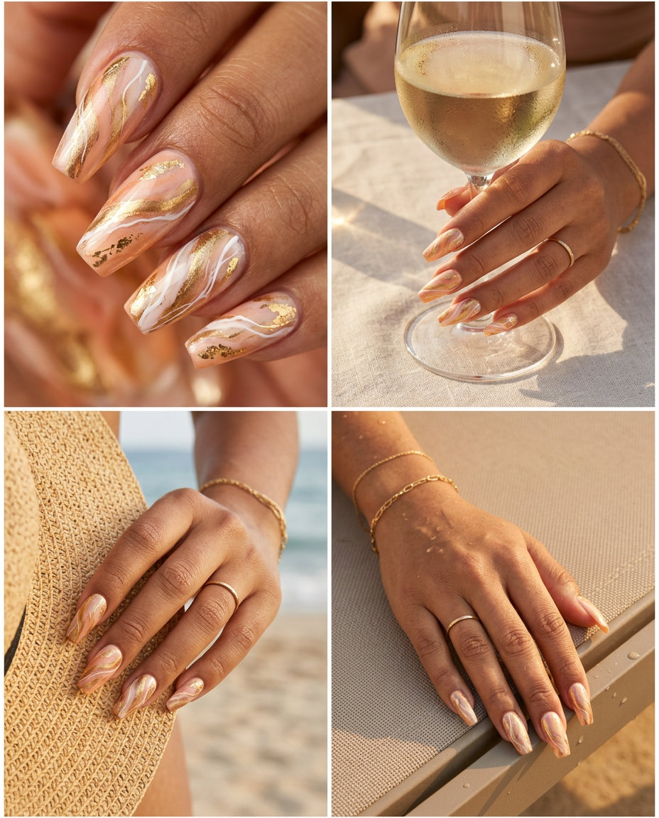 Peach Gold Marble Nails 2026: Chic & Artistic Artistic peach gold marble abstract coffin nails for cocktail parties. Summer vibes nails 2026.