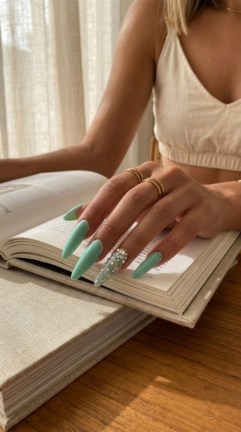 Seafoam Sparkle Stilettos | Summer Vibes Nails 2026 Glamorous seafoam green stiletto nails with rhinestones and silver glitter for summer vibes nails 2026.
