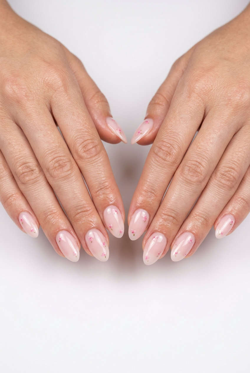Strawberry Milk Bath Nails 2026: Romantic & Sweet Strawberry milk bath almond nails with pink floral accents for romantic occasions. Summer vibes nails 2026.