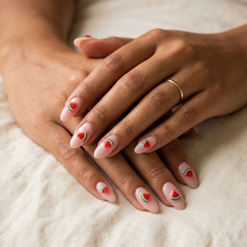 Watermelon Charm Almonds | Summer Vibes Nails 2026 Tropical watermelon charm pop almond nails for summer vibes nails 2026.