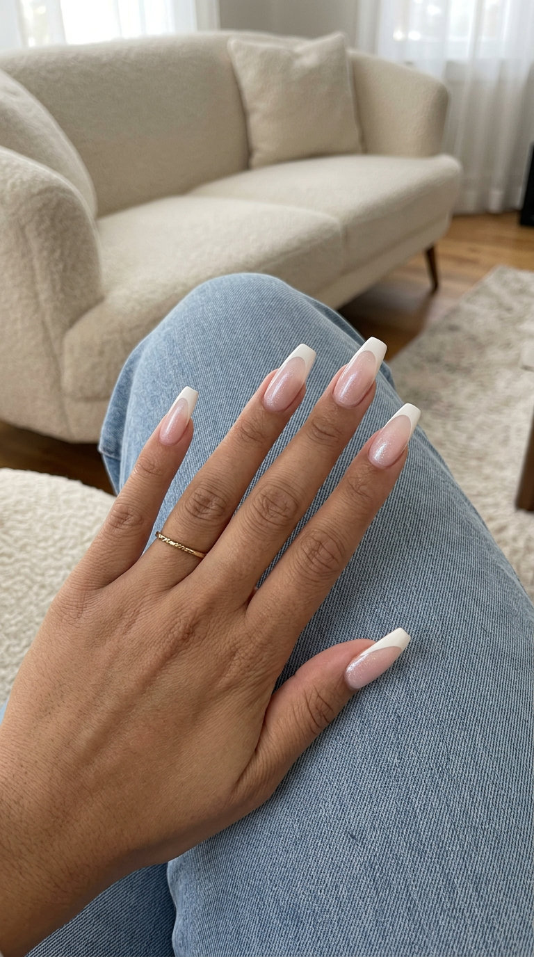 Modern Blush Negative Space French nails for summer wedding 2026. Edgy chic with pale blush and clear tip.